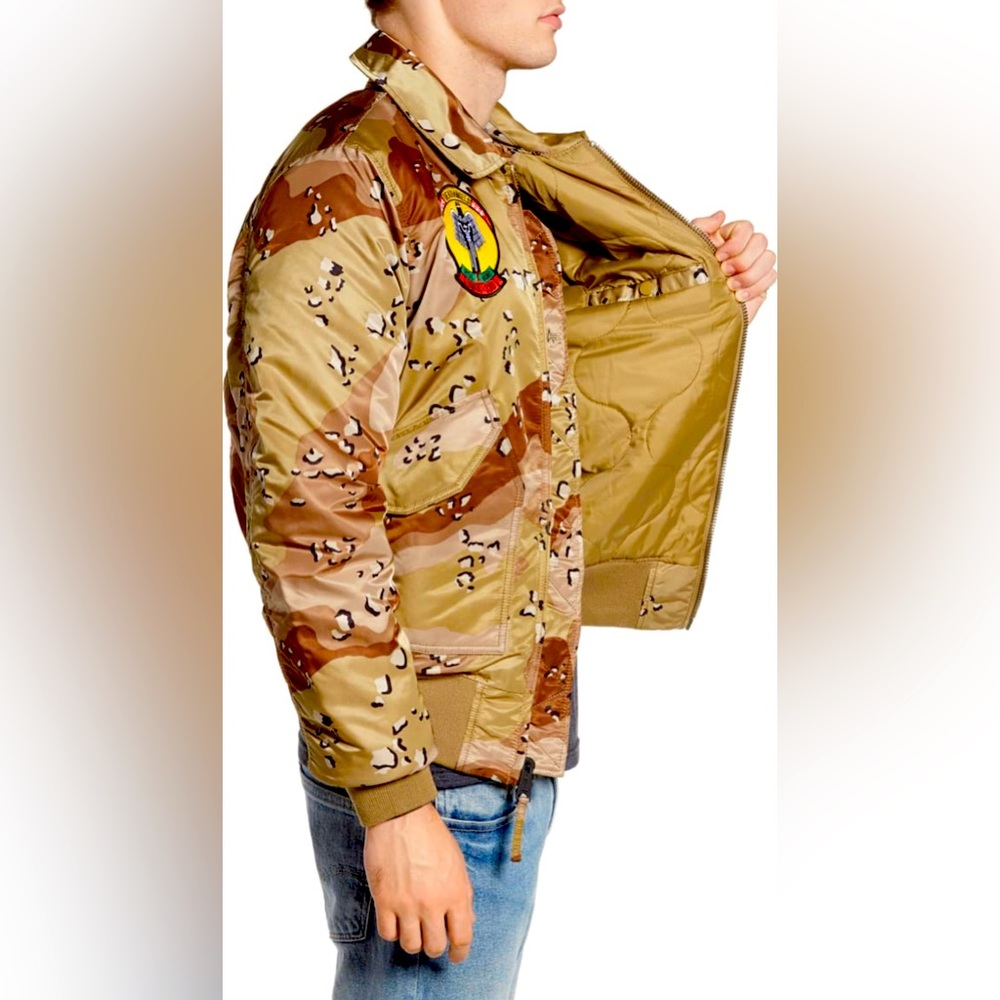 ALPHA INDUSTRIES BROWN TAN CAMO PATCHWORK BOMBER PUFFER JACKET